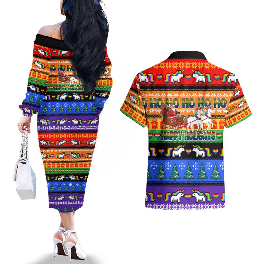 Happy Holigays Christmas Couples Matching Off The Shoulder Long Sleeve Dress and Hawaiian Shirt Xmas Holiday Patterns - Wonder Print Shop