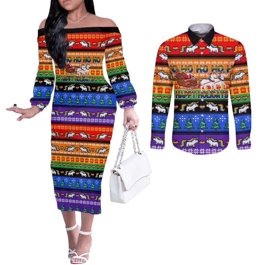 Happy Holigays Christmas Couples Matching Off The Shoulder Long Sleeve Dress and Long Sleeve Button Shirt Xmas Holiday Patterns - Wonder Print Shop