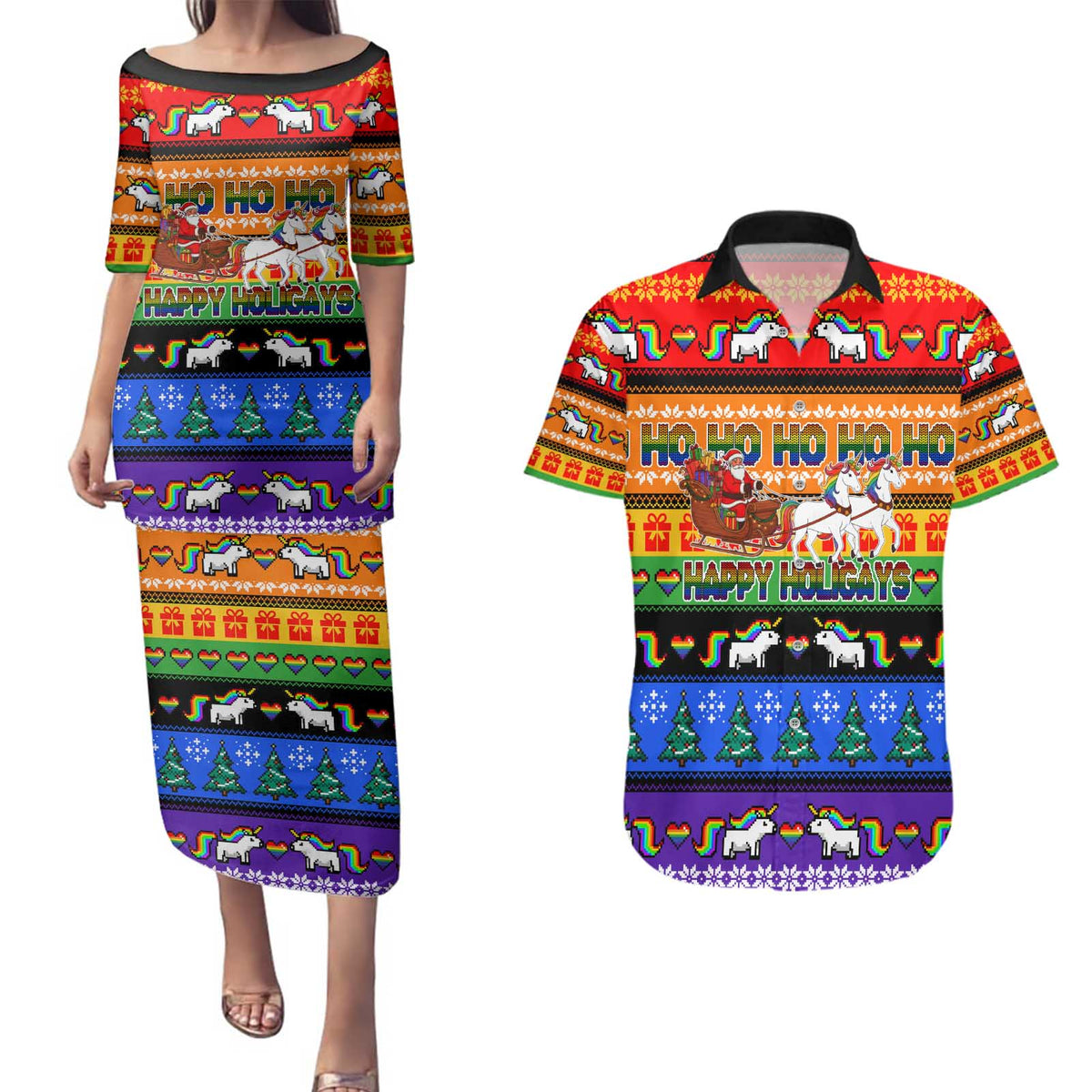 Happy Holigays Christmas Couples Matching Puletasi and Hawaiian Shirt Xmas Holiday Patterns - Wonder Print Shop
