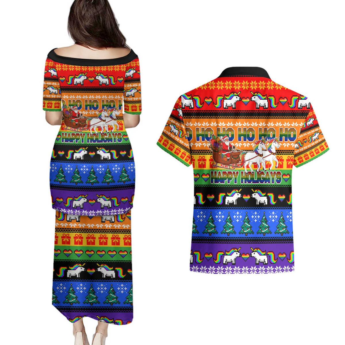 Happy Holigays Christmas Couples Matching Puletasi and Hawaiian Shirt Xmas Holiday Patterns - Wonder Print Shop