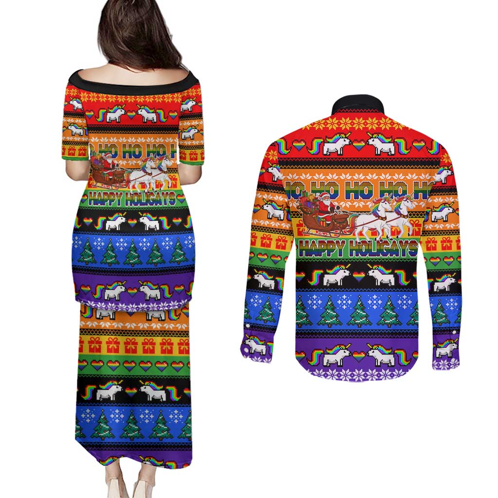 Happy Holigays Christmas Couples Matching Puletasi and Long Sleeve Button Shirt Xmas Holiday Patterns - Wonder Print Shop