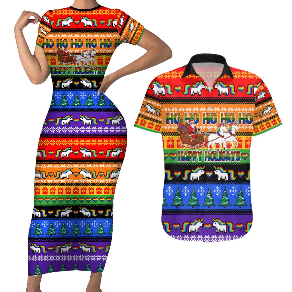 Happy Holigays Christmas Couples Matching Short Sleeve Bodycon Dress and Hawaiian Shirt Xmas Holiday Patterns - Wonder Print Shop