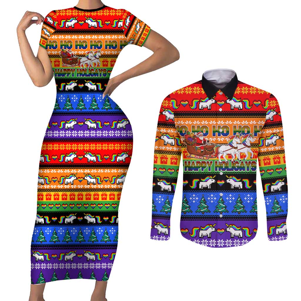 Happy Holigays Christmas Couples Matching Short Sleeve Bodycon Dress and Long Sleeve Button Shirt Xmas Holiday Patterns - Wonder Print Shop