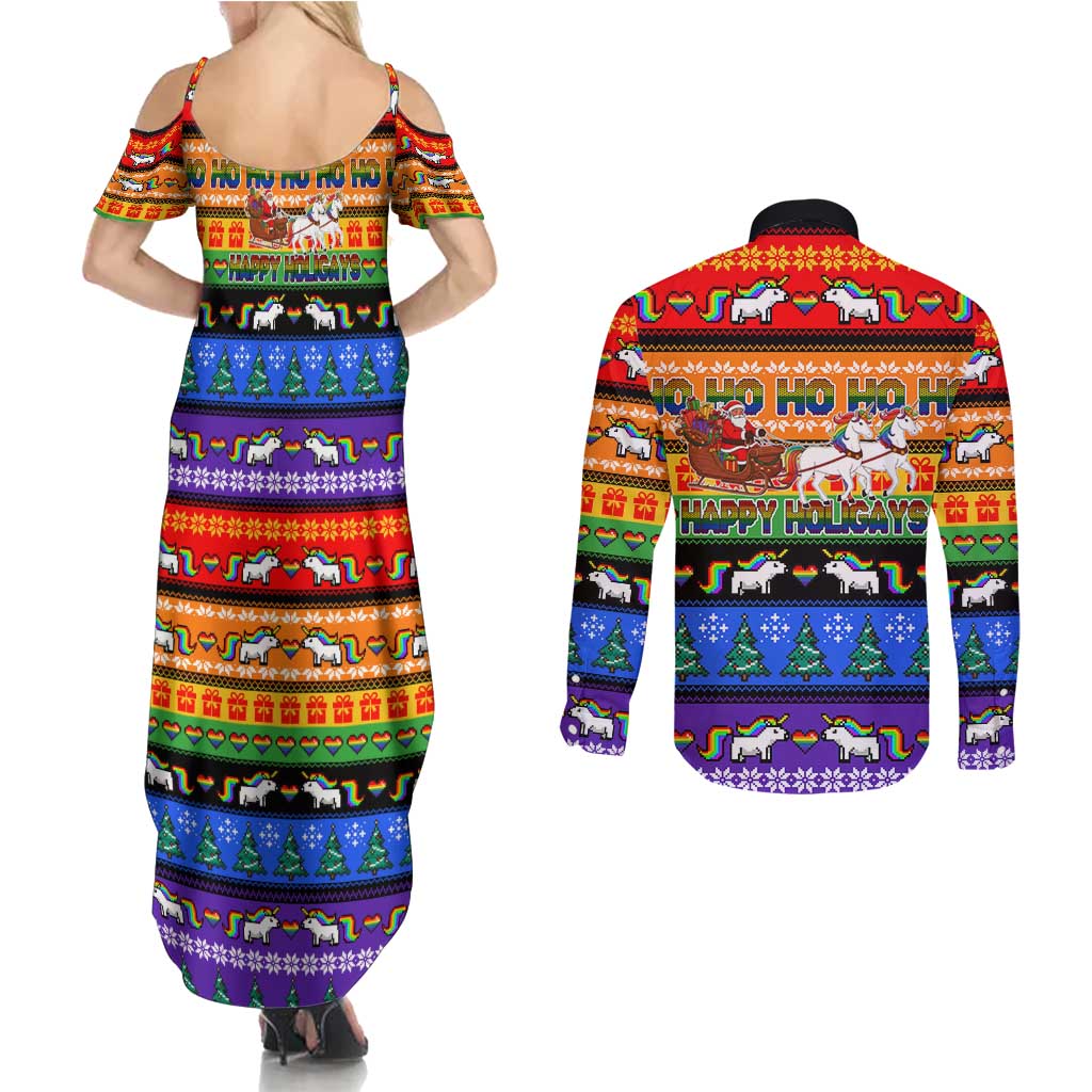 Happy Holigays Christmas Couples Matching Summer Maxi Dress and Long Sleeve Button Shirt Xmas Holiday Patterns - Wonder Print Shop