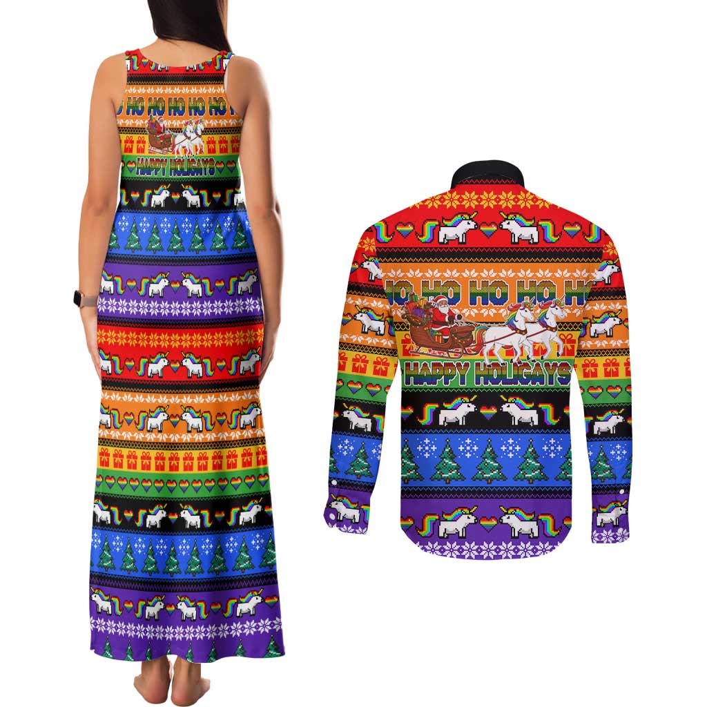 Happy Holigays Christmas Couples Matching Tank Maxi Dress and Long Sleeve Button Shirt Xmas Holiday Patterns - Wonder Print Shop