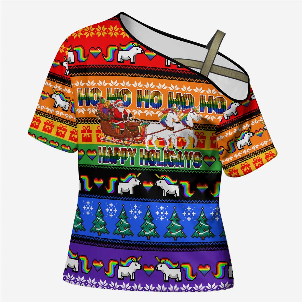 Happy Holigays Christmas Cross Shoulder Shirt Xmas Holiday Patterns - Wonder Print Shop