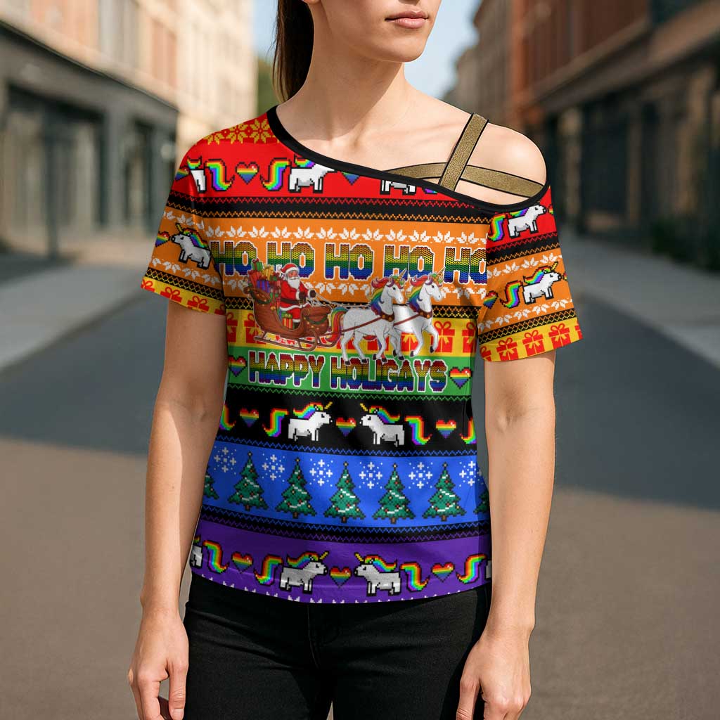 Happy Holigays Christmas Cross Shoulder Shirt Xmas Holiday Patterns - Wonder Print Shop