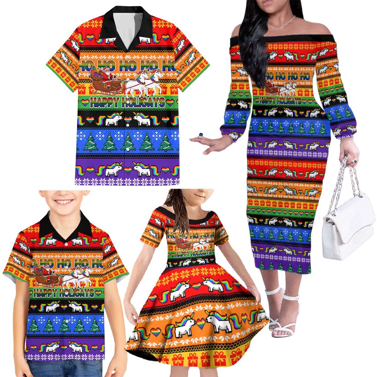 Happy Holigays Christmas Family Matching Off The Shoulder Long Sleeve Dress and Hawaiian Shirt Xmas Holiday Patterns - Wonder Print Shop