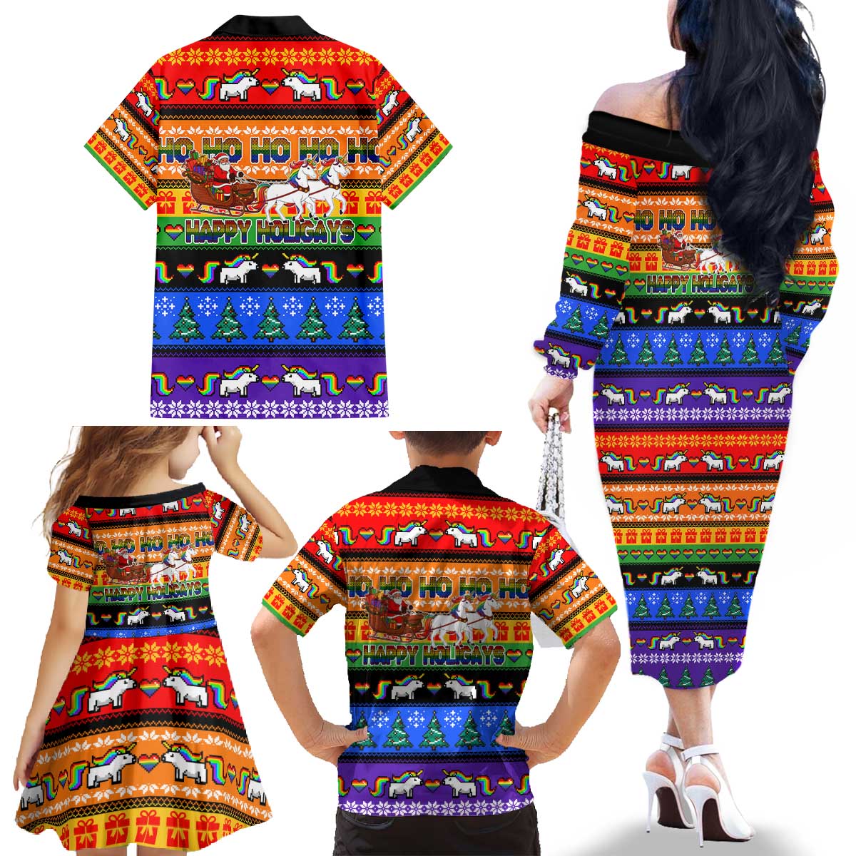 Happy Holigays Christmas Family Matching Off The Shoulder Long Sleeve Dress and Hawaiian Shirt Xmas Holiday Patterns - Wonder Print Shop
