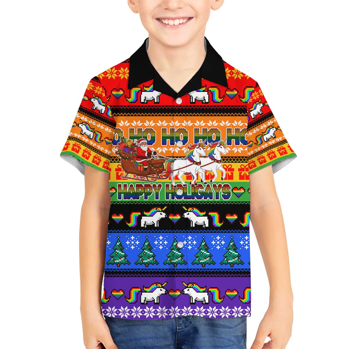 Happy Holigays Christmas Family Matching Off The Shoulder Long Sleeve Dress and Hawaiian Shirt Xmas Holiday Patterns - Wonder Print Shop