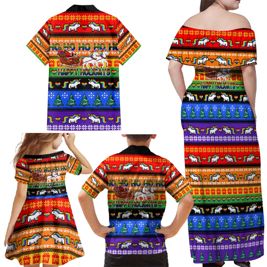 Happy Holigays Christmas Family Matching Off Shoulder Maxi Dress and Hawaiian Shirt Xmas Holiday Patterns - Wonder Print Shop