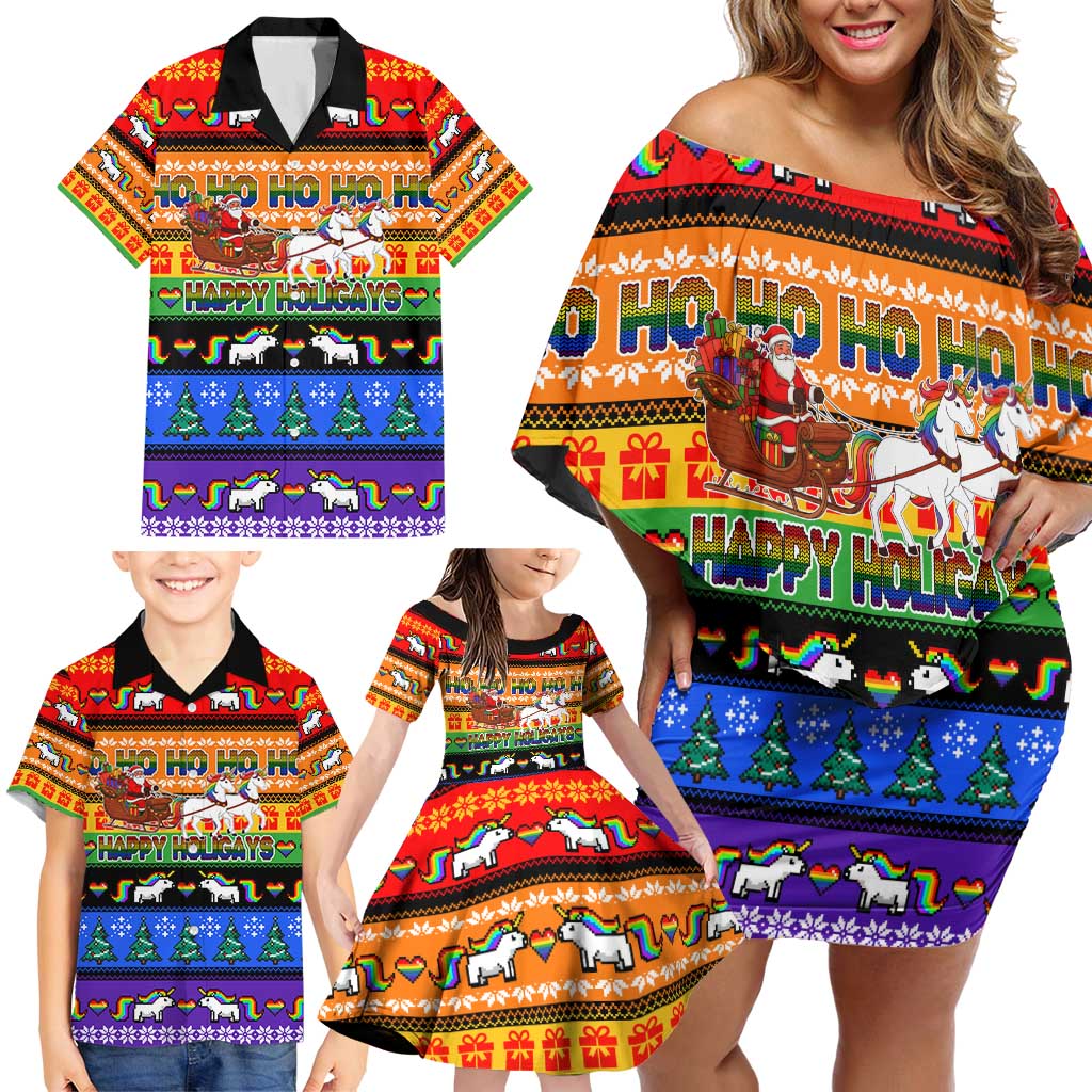 Happy Holigays Christmas Family Matching Off Shoulder Short Dress and Hawaiian Shirt Xmas Holiday Patterns - Wonder Print Shop