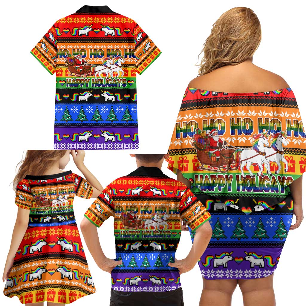 Happy Holigays Christmas Family Matching Off Shoulder Short Dress and Hawaiian Shirt Xmas Holiday Patterns - Wonder Print Shop
