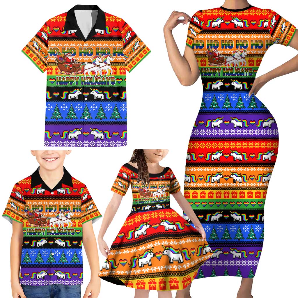 Happy Holigays Christmas Family Matching Short Sleeve Bodycon Dress and Hawaiian Shirt Xmas Holiday Patterns - Wonder Print Shop