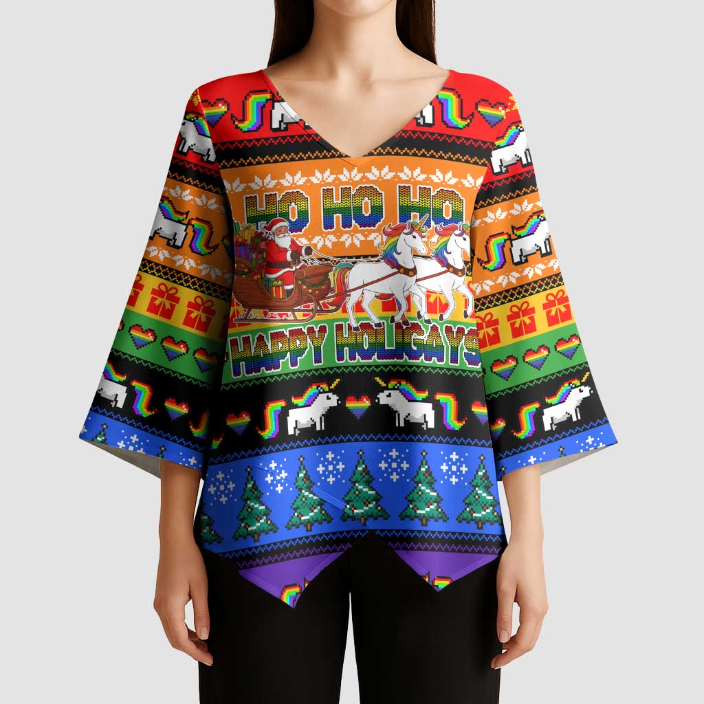 Happy Holigays Christmas Kimono Sleeve Blouse Xmas Holiday Patterns - Wonder Print Shop