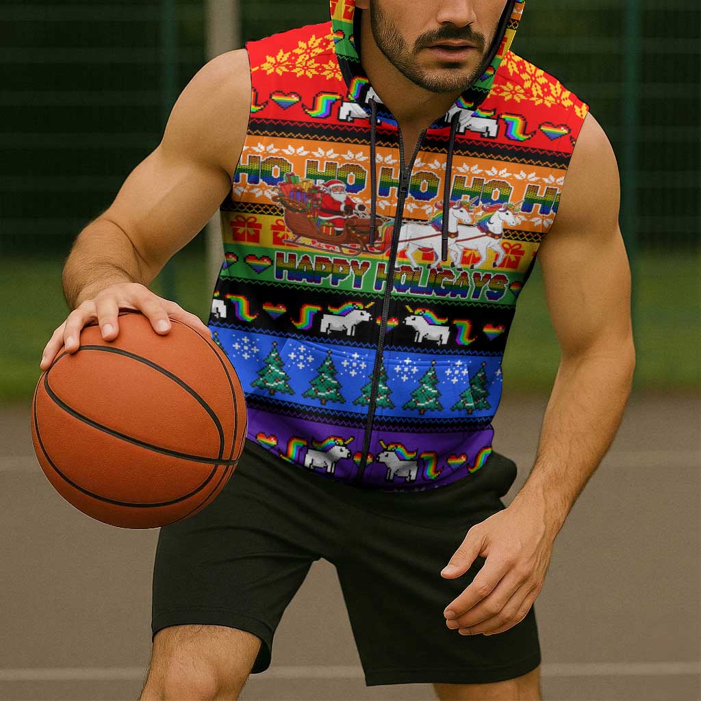 Happy Holigays Christmas Sleeveless Zip Hoodie Xmas Holiday Patterns - Wonder Print Shop