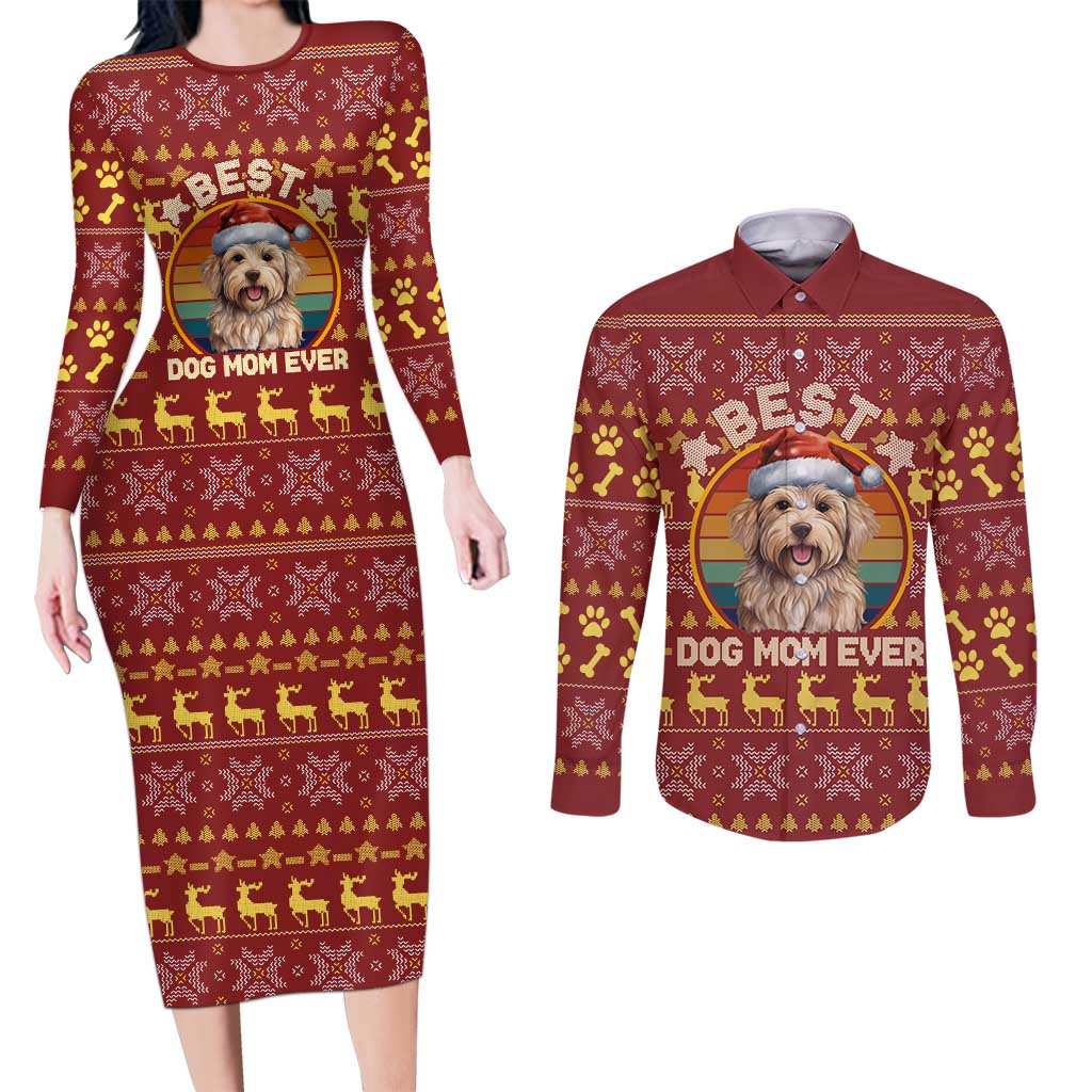 Havanese Best Dog Mom Christmas Couples Matching Long Sleeve Bodycon Dress and Long Sleeve Button Shirt Xmas Holiday Patterns - Wonder Print Shop