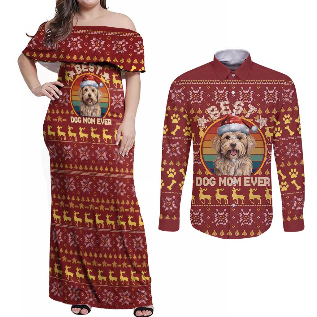 Havanese Best Dog Mom Christmas Couples Matching Off Shoulder Maxi Dress and Long Sleeve Button Shirt Xmas Holiday Patterns - Wonder Print Shop