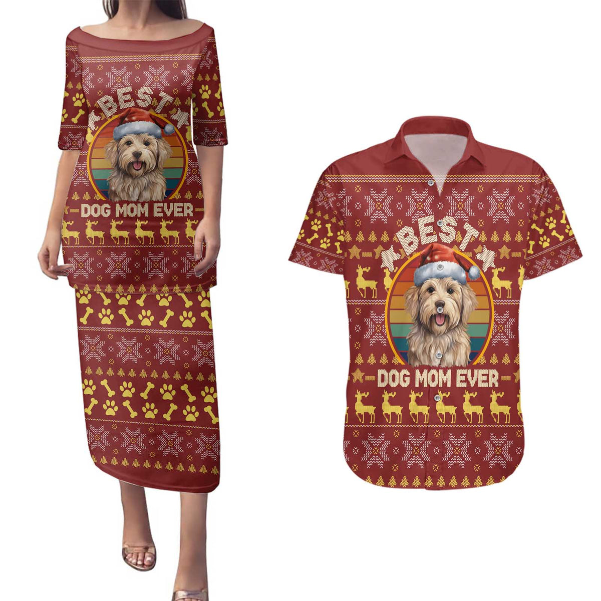 Havanese Best Dog Mom Christmas Couples Matching Puletasi and Hawaiian Shirt Xmas Holiday Patterns - Wonder Print Shop