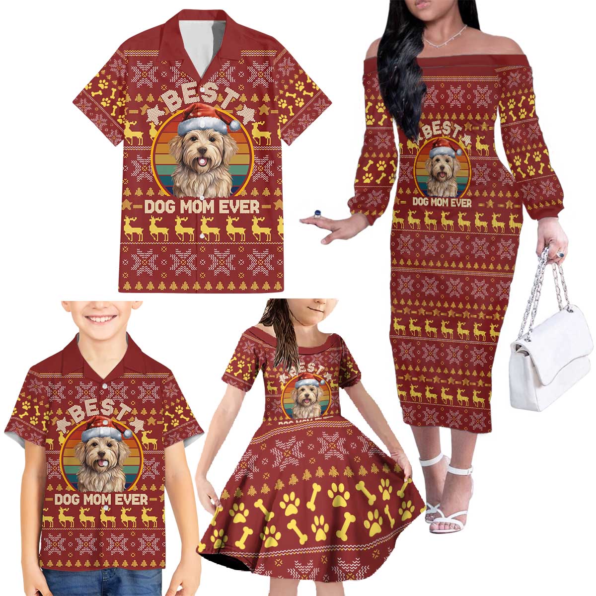 Havanese Best Dog Mom Christmas Family Matching Off The Shoulder Long Sleeve Dress and Hawaiian Shirt Xmas Holiday Patterns - Wonder Print Shop