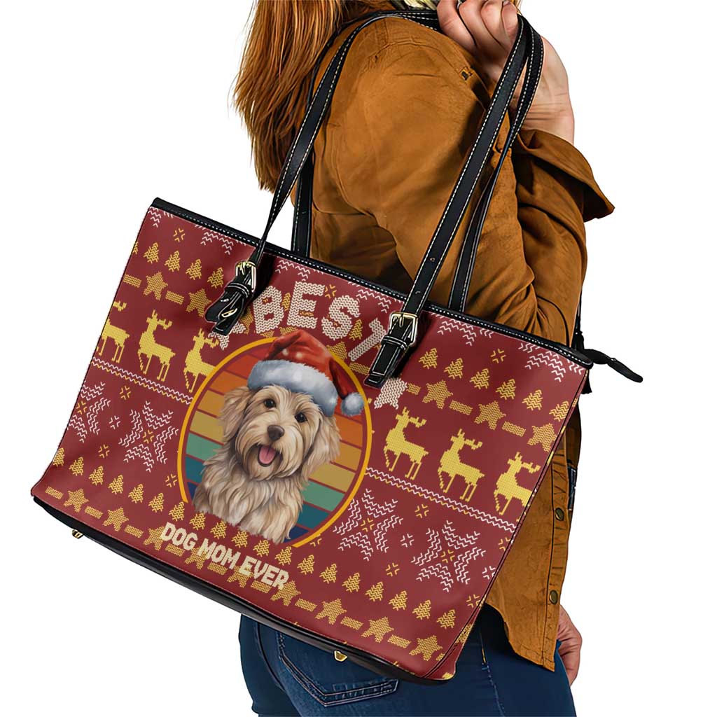 Havanese Best Dog Mom Christmas Leather Tote Bag Xmas Holiday Patterns - Wonder Print Shop