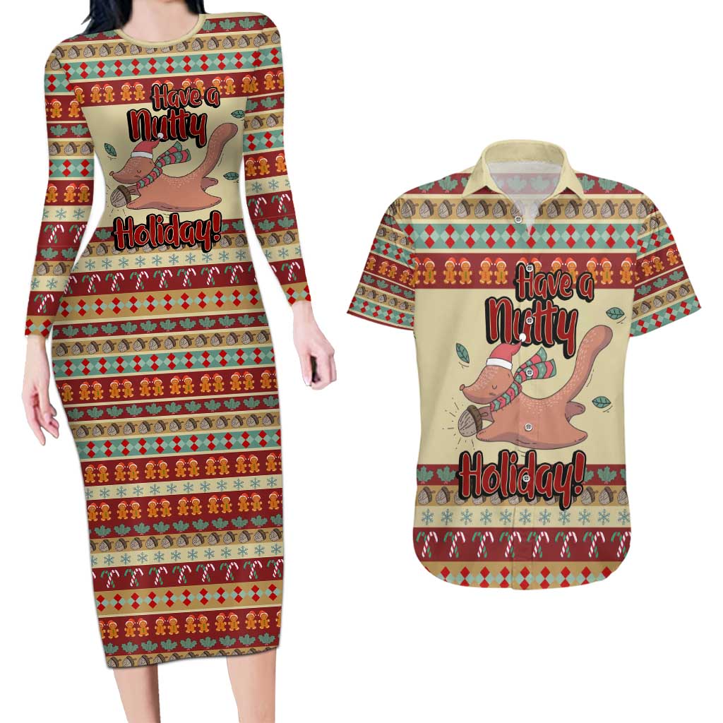 Have A Nutty Holiday Christmas Christmas Couples Matching Long Sleeve Bodycon Dress and Hawaiian Shirt Xmas Holiday Patterns - Wonder Print Shop