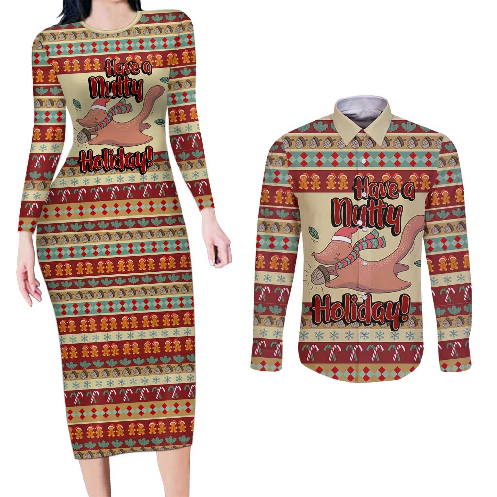 Have A Nutty Holiday Christmas Christmas Couples Matching Long Sleeve Bodycon Dress and Long Sleeve Button Shirt Xmas Holiday Patterns - Wonder Print Shop