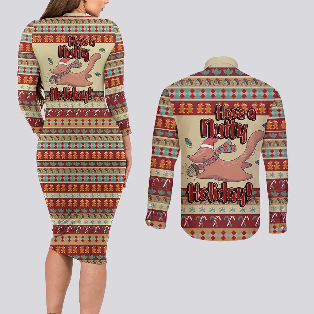 Have A Nutty Holiday Christmas Christmas Couples Matching Long Sleeve Bodycon Dress and Long Sleeve Button Shirt Xmas Holiday Patterns - Wonder Print Shop