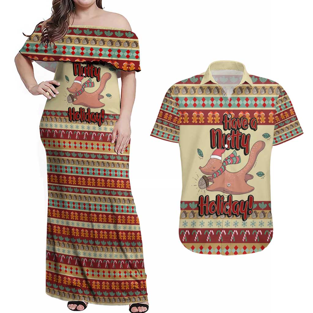 Have A Nutty Holiday Christmas Christmas Couples Matching Off Shoulder Maxi Dress and Hawaiian Shirt Xmas Holiday Patterns - Wonder Print Shop