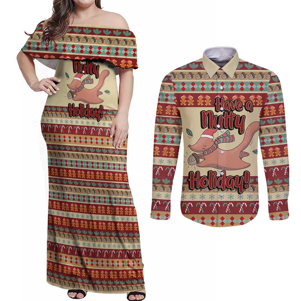 Have A Nutty Holiday Christmas Christmas Couples Matching Off Shoulder Maxi Dress and Long Sleeve Button Shirt Xmas Holiday Patterns - Wonder Print Shop