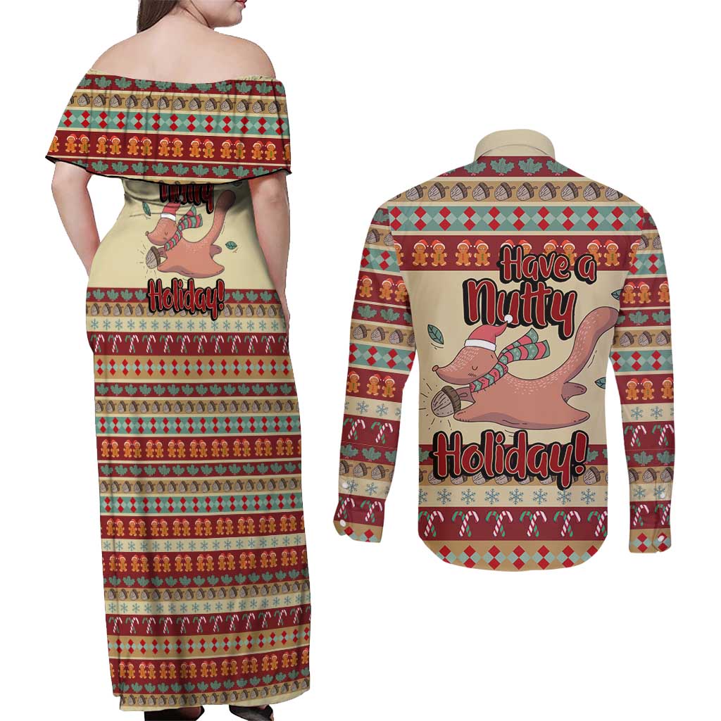 Have A Nutty Holiday Christmas Christmas Couples Matching Off Shoulder Maxi Dress and Long Sleeve Button Shirt Xmas Holiday Patterns - Wonder Print Shop
