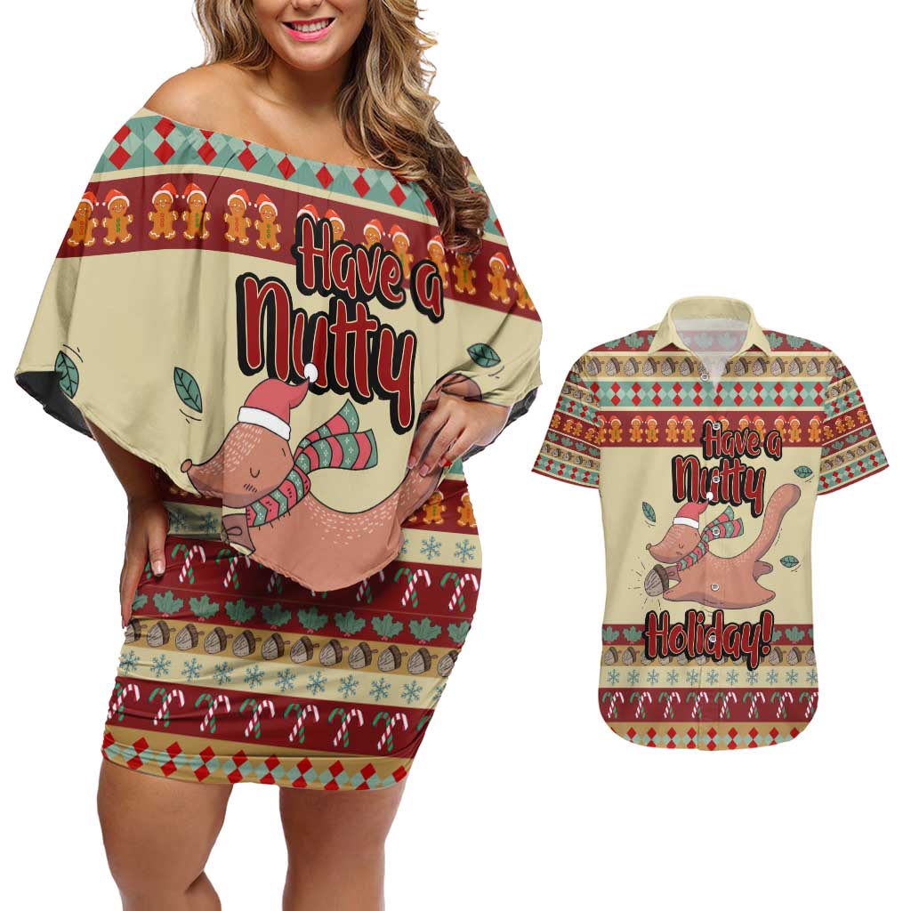 Have A Nutty Holiday Christmas Christmas Couples Matching Off Shoulder Short Dress and Hawaiian Shirt Xmas Holiday Patterns - Wonder Print Shop