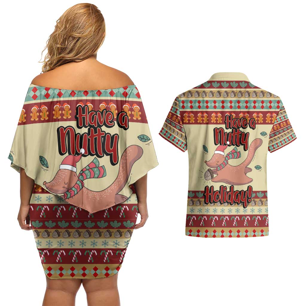 Have A Nutty Holiday Christmas Christmas Couples Matching Off Shoulder Short Dress and Hawaiian Shirt Xmas Holiday Patterns - Wonder Print Shop