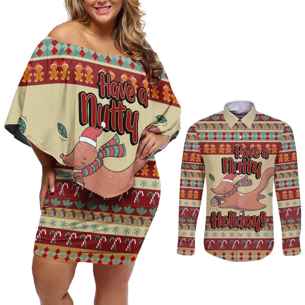 Have A Nutty Holiday Christmas Christmas Couples Matching Off Shoulder Short Dress and Long Sleeve Button Shirt Xmas Holiday Patterns - Wonder Print Shop