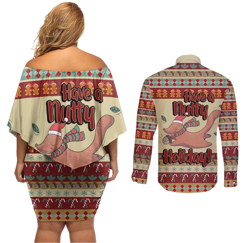 Have A Nutty Holiday Christmas Christmas Couples Matching Off Shoulder Short Dress and Long Sleeve Button Shirt Xmas Holiday Patterns - Wonder Print Shop
