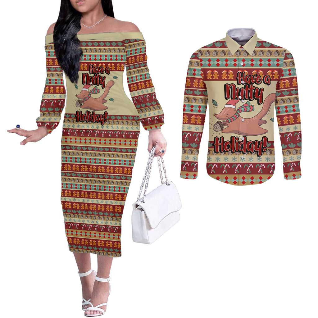 Have A Nutty Holiday Christmas Christmas Couples Matching Off The Shoulder Long Sleeve Dress and Long Sleeve Button Shirt Xmas Holiday Patterns - Wonder Print Shop