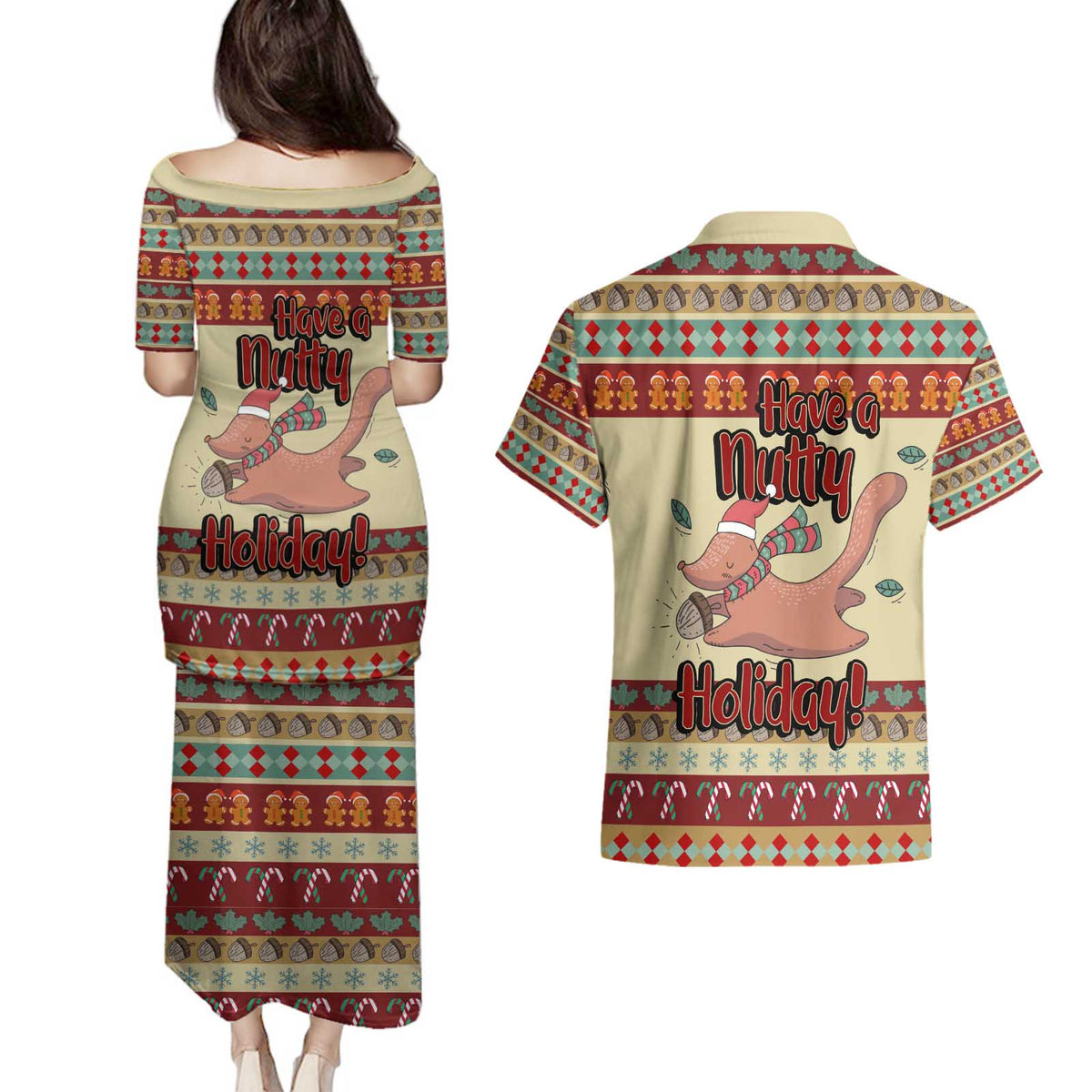 Have A Nutty Holiday Christmas Christmas Couples Matching Puletasi and Hawaiian Shirt Xmas Holiday Patterns - Wonder Print Shop