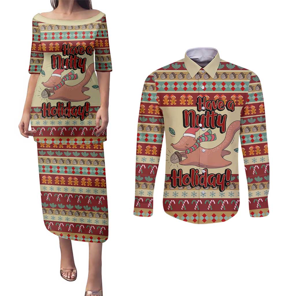 Have A Nutty Holiday Christmas Christmas Couples Matching Puletasi and Long Sleeve Button Shirt Xmas Holiday Patterns - Wonder Print Shop