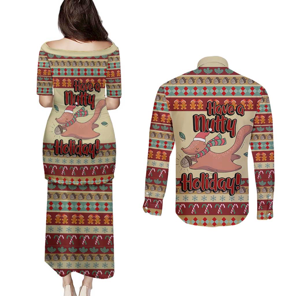 Have A Nutty Holiday Christmas Christmas Couples Matching Puletasi and Long Sleeve Button Shirt Xmas Holiday Patterns - Wonder Print Shop