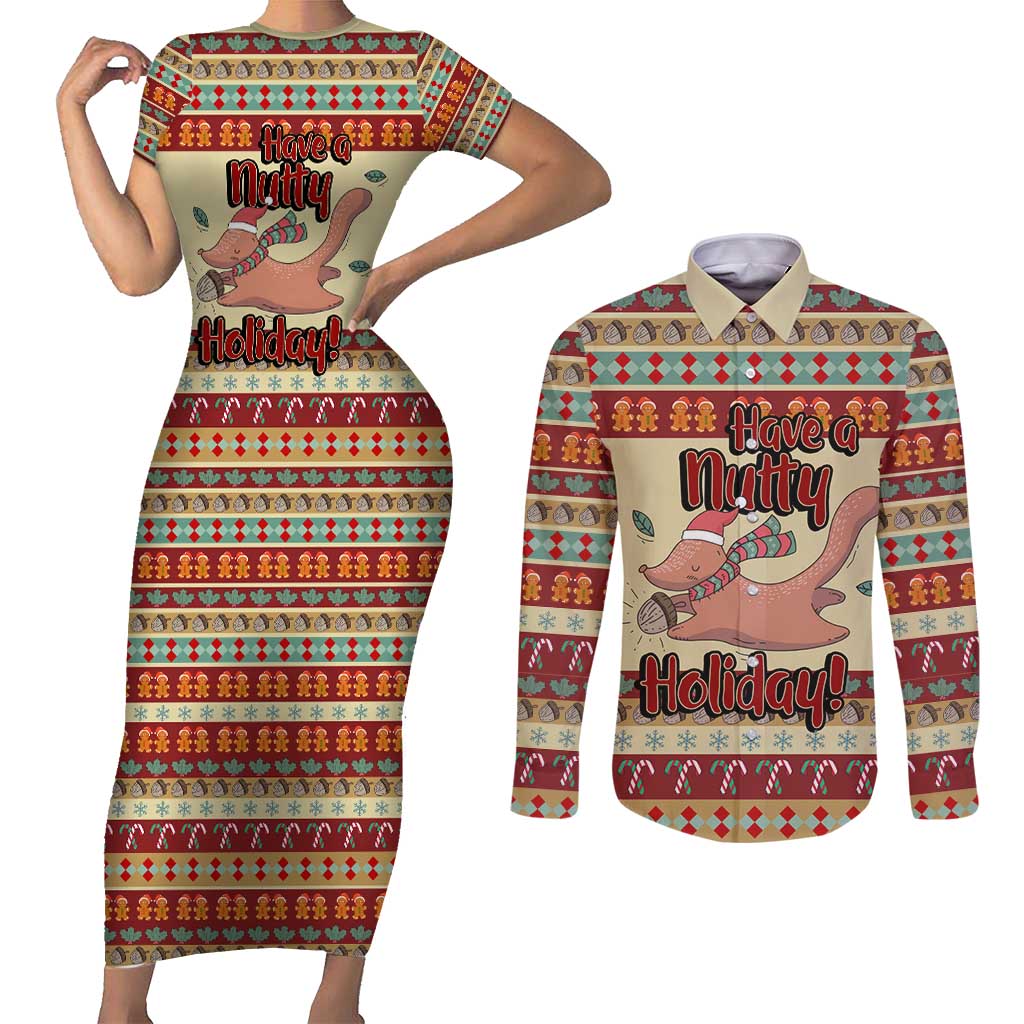 Have A Nutty Holiday Christmas Christmas Couples Matching Short Sleeve Bodycon Dress and Long Sleeve Button Shirt Xmas Holiday Patterns - Wonder Print Shop