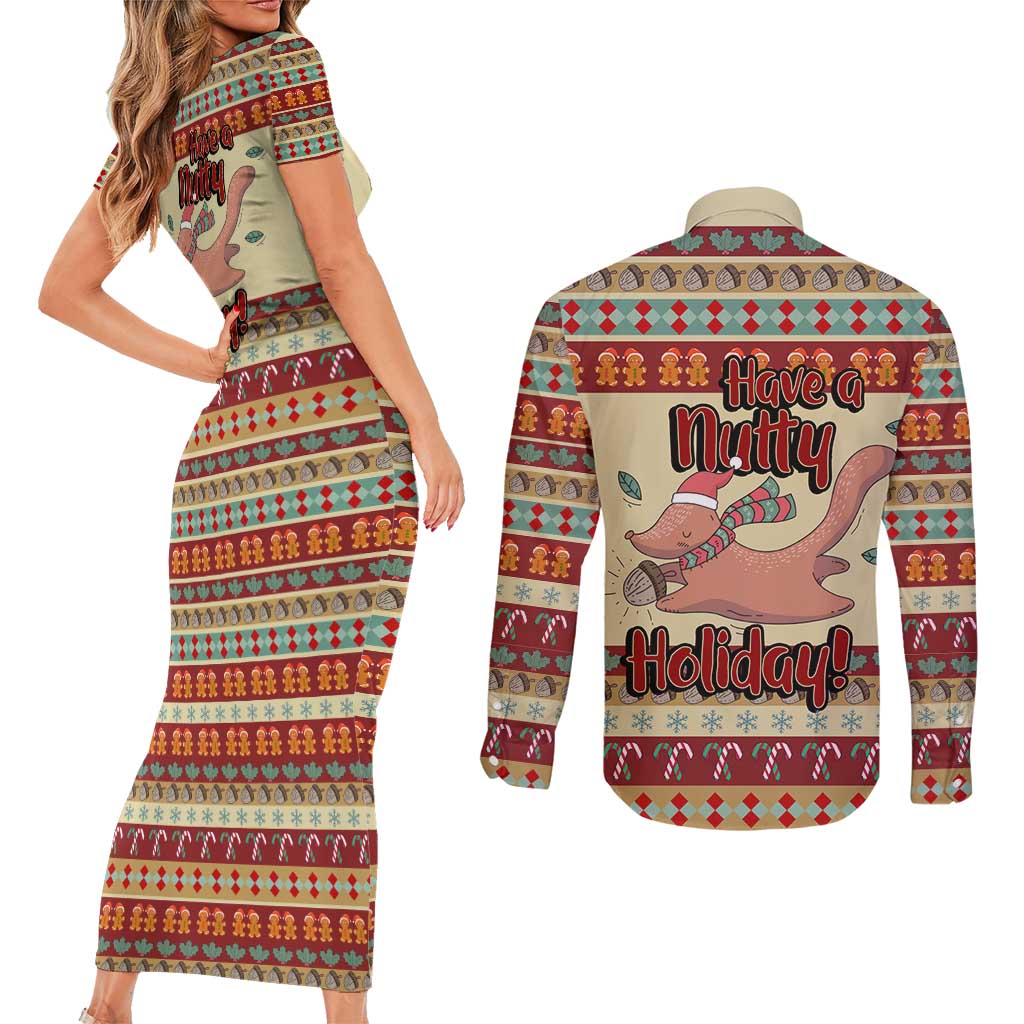 Have A Nutty Holiday Christmas Christmas Couples Matching Short Sleeve Bodycon Dress and Long Sleeve Button Shirt Xmas Holiday Patterns - Wonder Print Shop