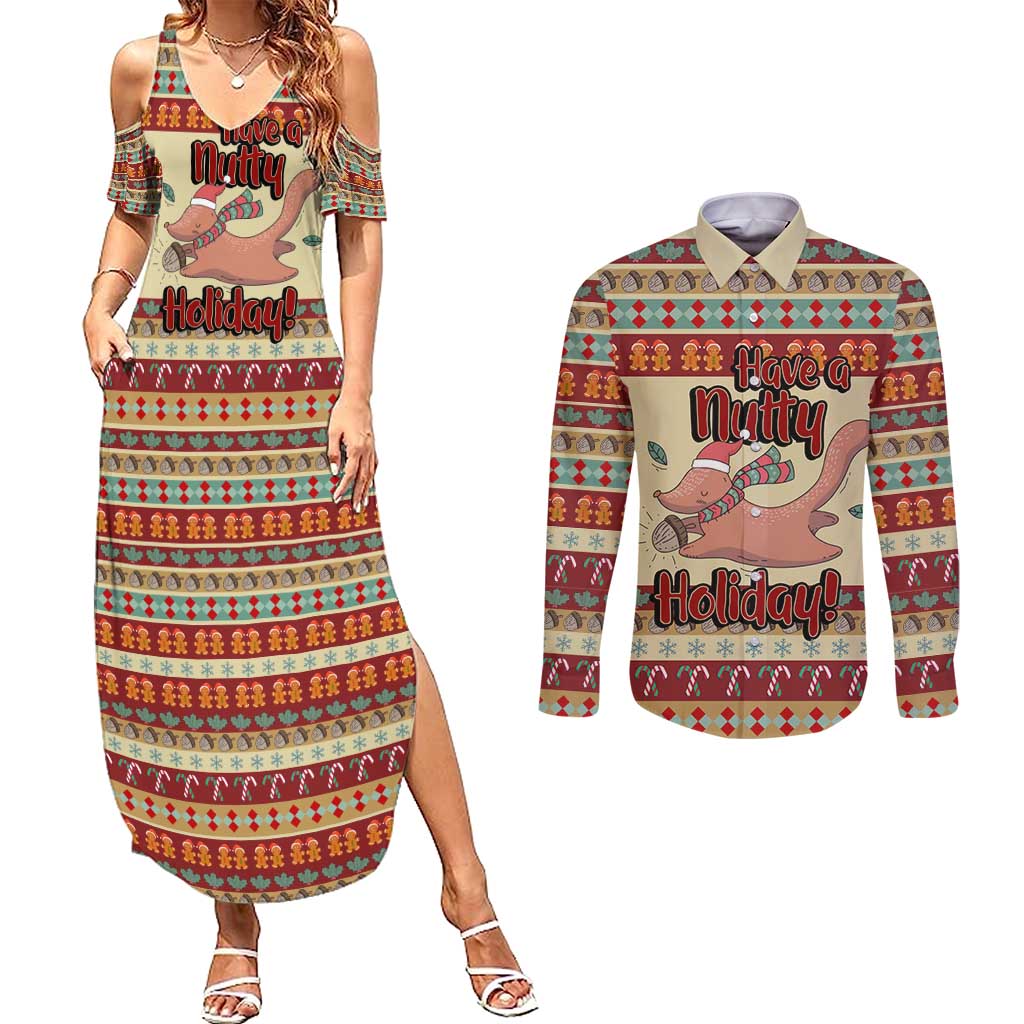 Have A Nutty Holiday Christmas Christmas Couples Matching Summer Maxi Dress and Long Sleeve Button Shirt Xmas Holiday Patterns - Wonder Print Shop