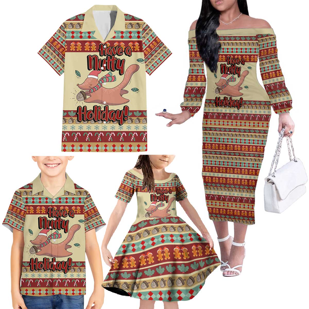 Have A Nutty Holiday Christmas Christmas Family Matching Off The Shoulder Long Sleeve Dress and Hawaiian Shirt Xmas Holiday Patterns - Wonder Print Shop
