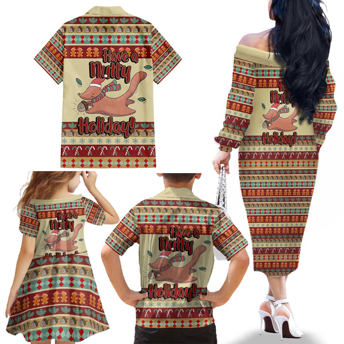 Have A Nutty Holiday Christmas Christmas Family Matching Off The Shoulder Long Sleeve Dress and Hawaiian Shirt Xmas Holiday Patterns - Wonder Print Shop