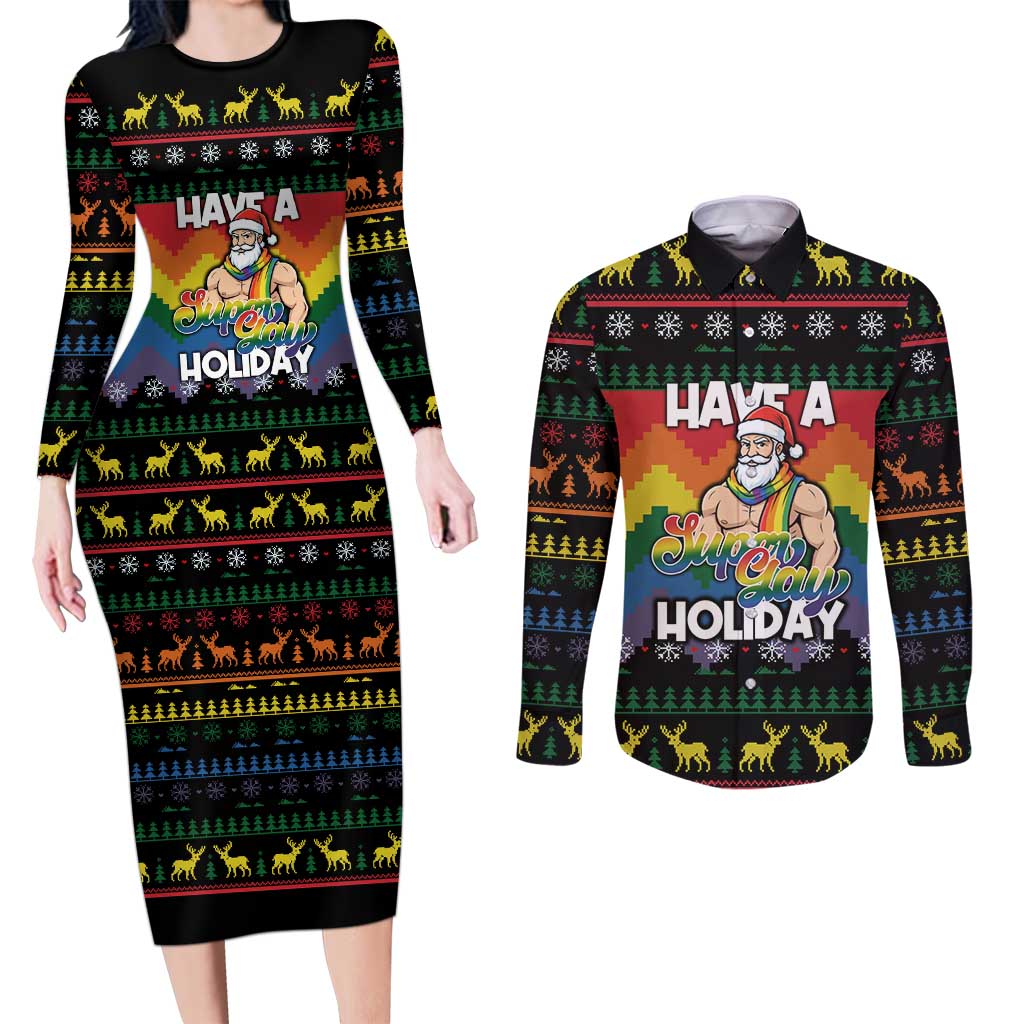 Have A Super Gay Holiday Christmas Couples Matching Long Sleeve Bodycon Dress and Long Sleeve Button Shirt Xmas Holiday Patterns - Wonder Print Shop