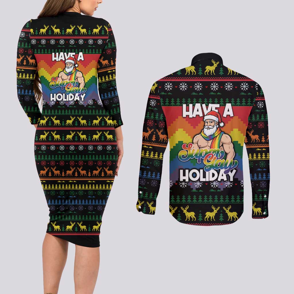 Have A Super Gay Holiday Christmas Couples Matching Long Sleeve Bodycon Dress and Long Sleeve Button Shirt Xmas Holiday Patterns - Wonder Print Shop