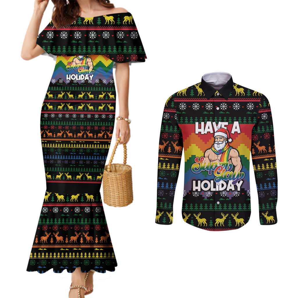 Have A Super Gay Holiday Christmas Couples Matching Mermaid Dress and Long Sleeve Button Shirt Xmas Holiday Patterns - Wonder Print Shop