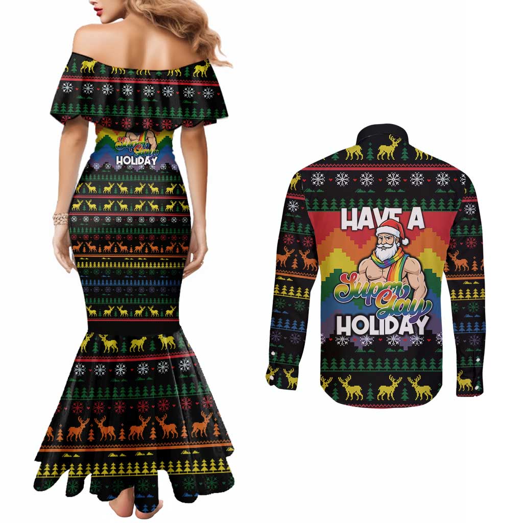 Have A Super Gay Holiday Christmas Couples Matching Mermaid Dress and Long Sleeve Button Shirt Xmas Holiday Patterns - Wonder Print Shop