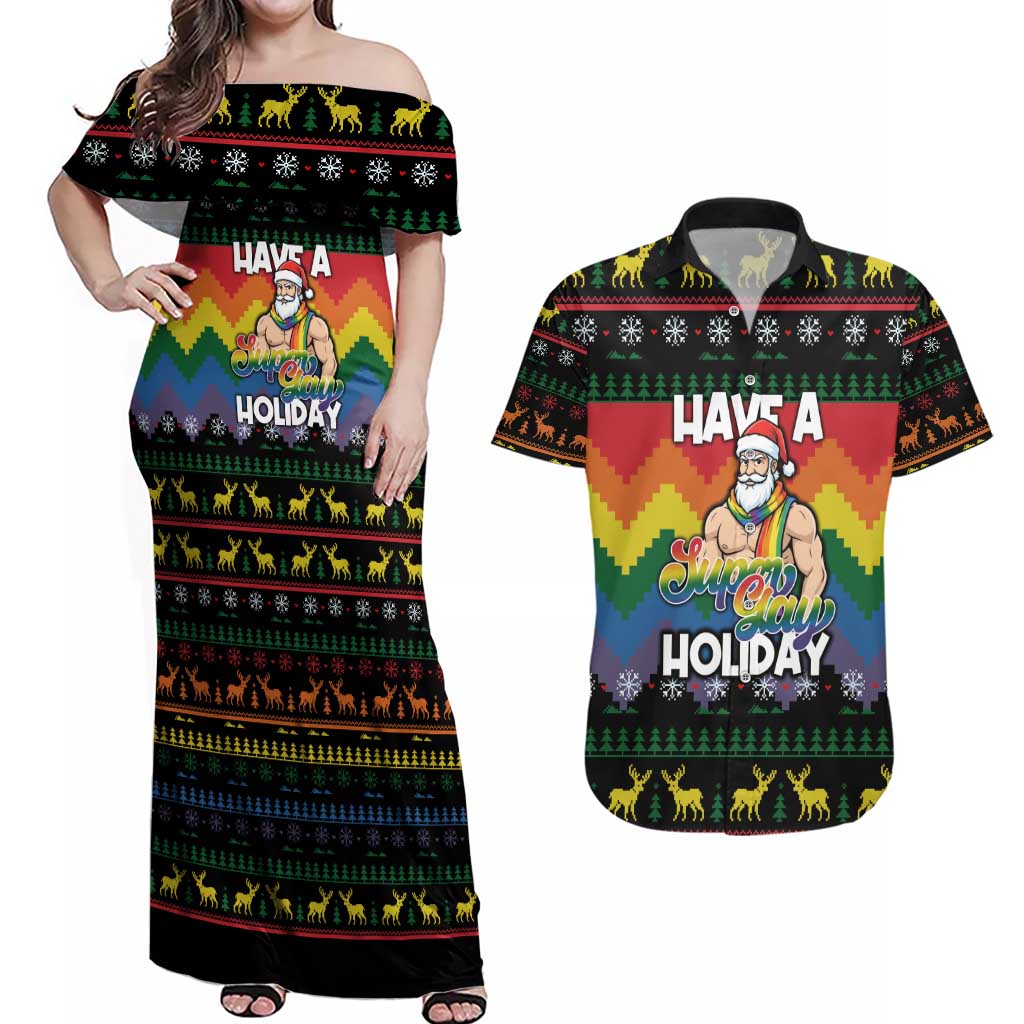 Have A Super Gay Holiday Christmas Couples Matching Off Shoulder Maxi Dress and Hawaiian Shirt Xmas Holiday Patterns - Wonder Print Shop