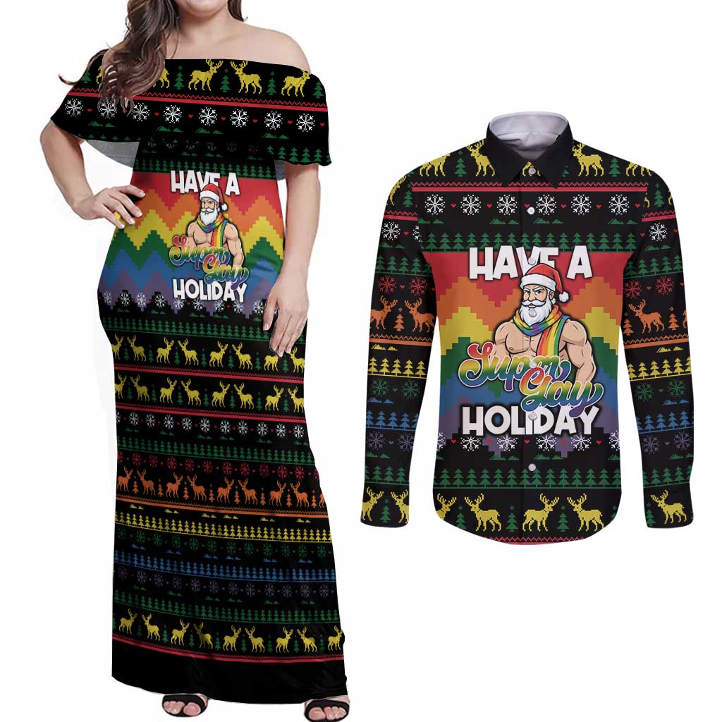 Have A Super Gay Holiday Christmas Couples Matching Off Shoulder Maxi Dress and Long Sleeve Button Shirt Xmas Holiday Patterns - Wonder Print Shop